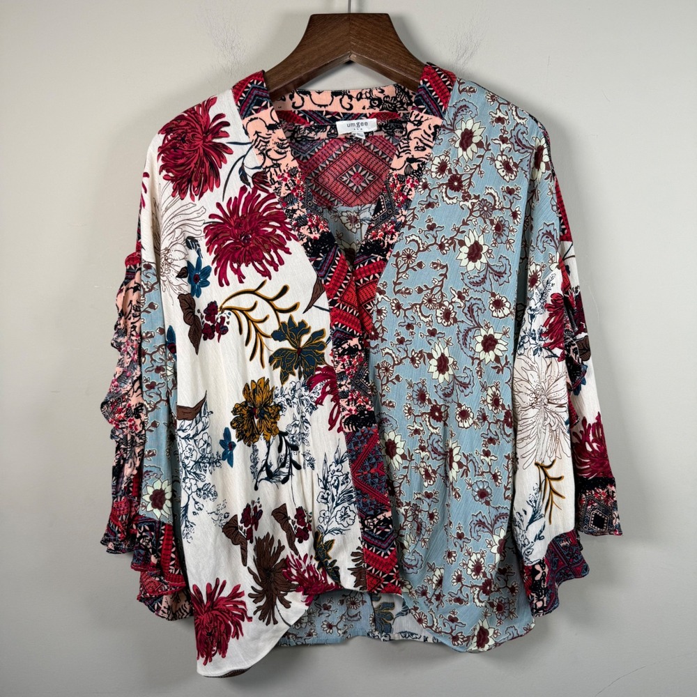 Umgee Boho Mixed Pattern Crossover V-Neck Ruffled… - image 1